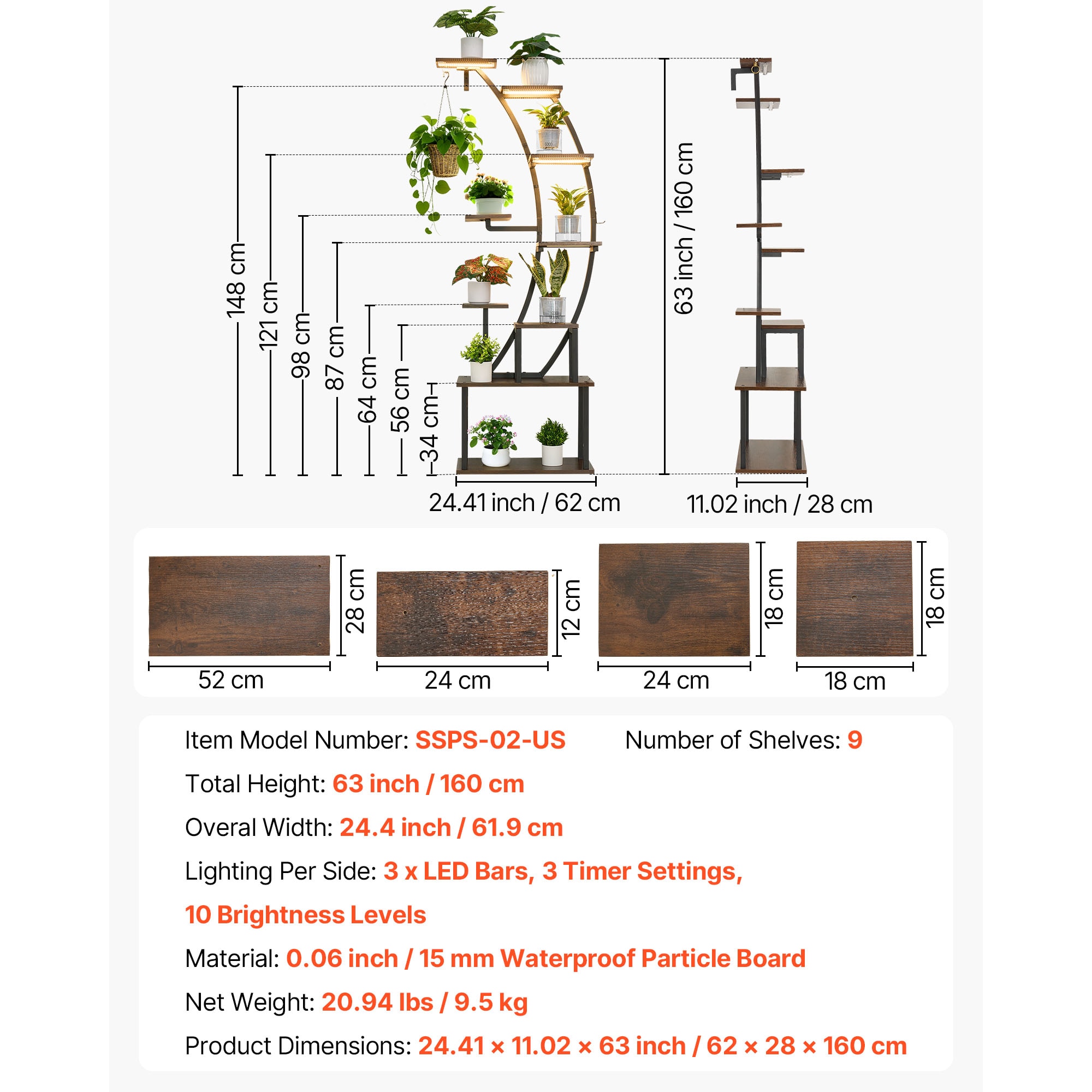 Plant Stand Indoor With Grow Lights, 63 In Tall 9-Tier Lighted Plant Shelf, Metal Corner Plants Holder, 3 Timer & 10 Brightness, Curve-Shaped Flower Display Rack For Living Room Balcony Decor_maomaolike.com